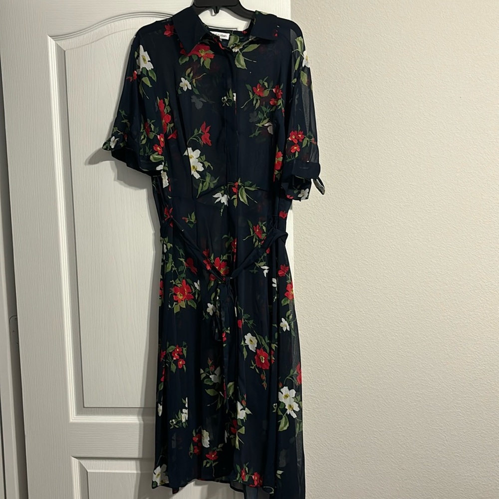 Calvin Klein Sheer Navy Floral Dress w/ Red and White Flowers